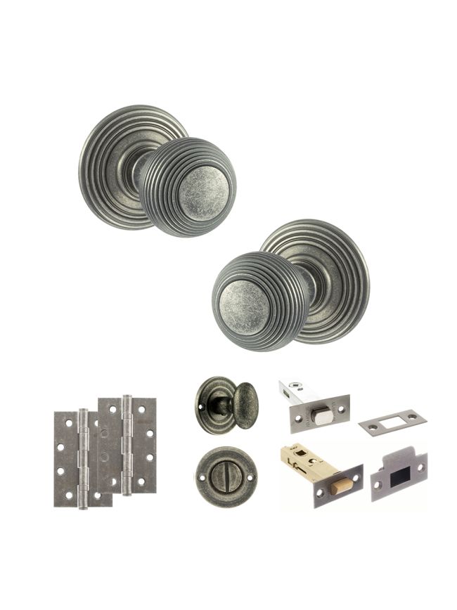Old English Ripon Door Knob Pack (Bathroom Set - 3" Deadbolt, 4" Slim Knuckle Hinges x2) - Distressed Silver