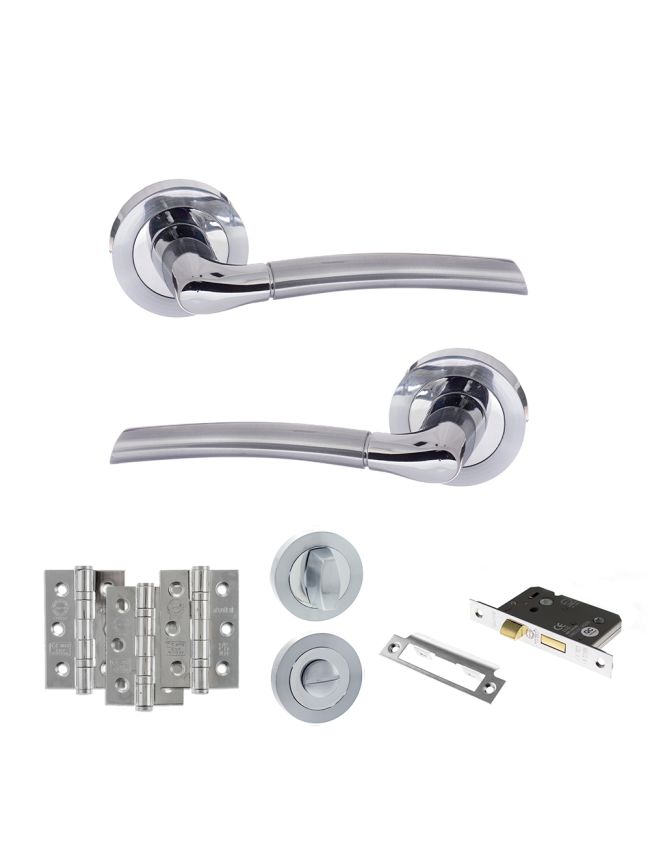 Eco Swell Door Handle Pack (Bathroom Set - 2.5" CE Bathroom Lock, 3" Fire Rated Hinges x3) - Satin Chrome/Polished Chrome