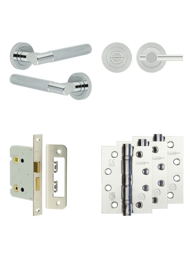 Complete Bari Door Handle Pack - Bathroom Lock (Plain Thumb Turn) - Polished Chrome - 76mm / 4-inch Hinges - JE-D6A2-PC