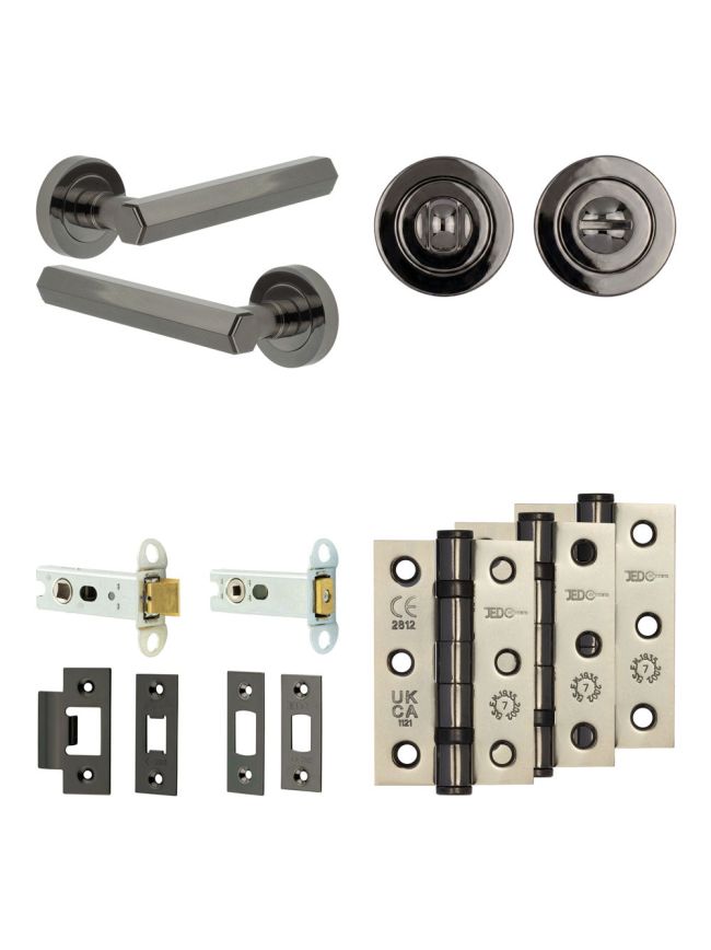 Complete Hex Door Handle Pack - Heavy Duty Tubular Bathroom (Standard Thumb Turn) - Black Nickel - 76mm / 3-inch Hinges - JE-C31B3-BN
