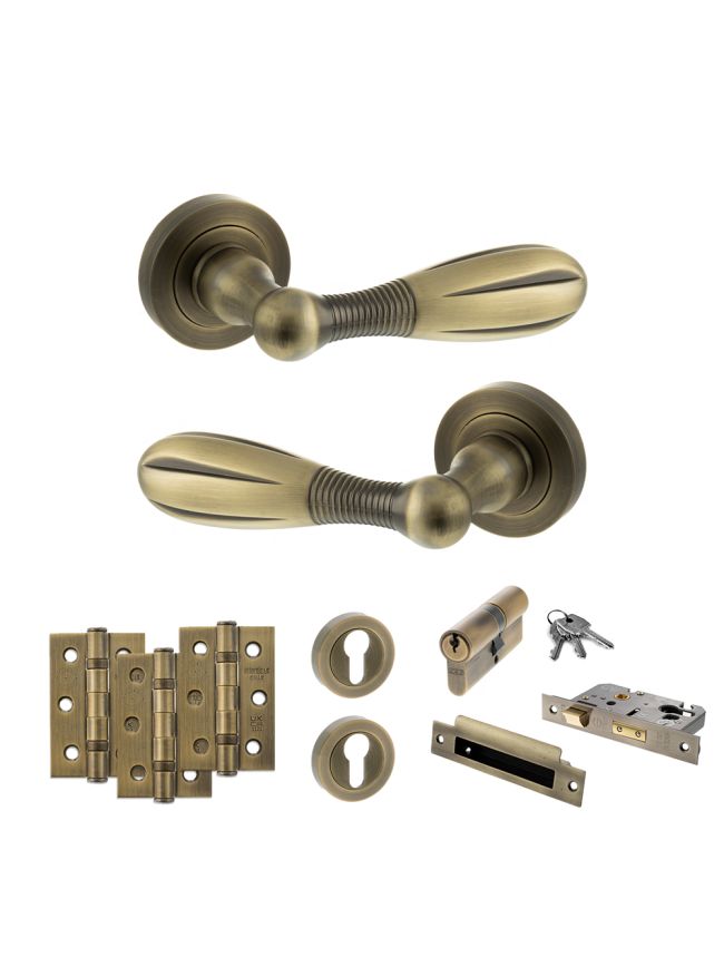 Old English Cambridge Door Handle Pack (Euro Lock Set - 3" CE Sashlock, 3" Fire Rated Hinges x3) - Matt Antique Brass