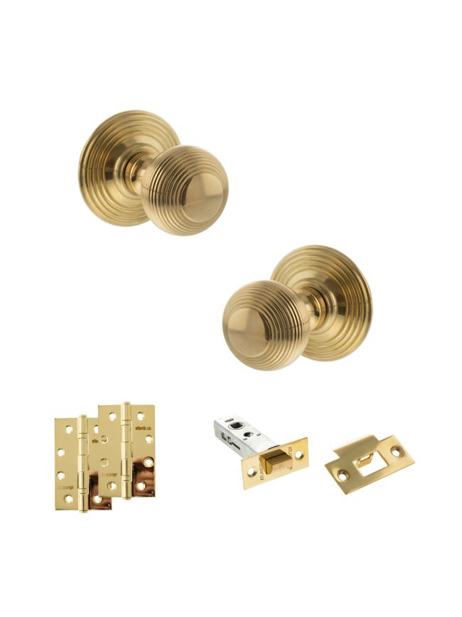 Old English Ripon Door Knob Pack (Latch Set - 4" HD Latch, 4" Slim Knuckle Hinges x2) - Raw Brass