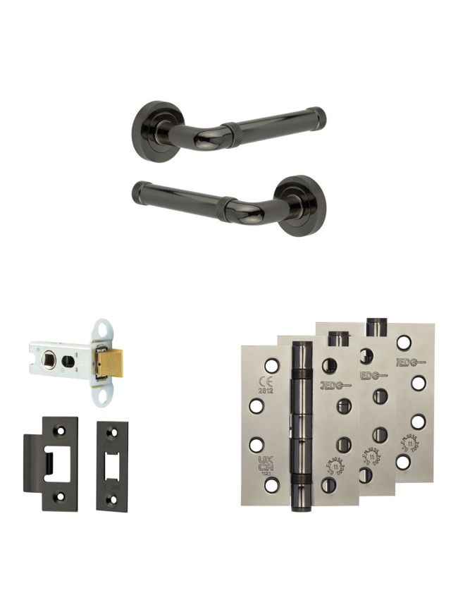 Complete Midtown Door Handle Pack - Heavy Duty Latch - Black Nickel - 64mm / 4-inch Hinges - JE-G20A-BN