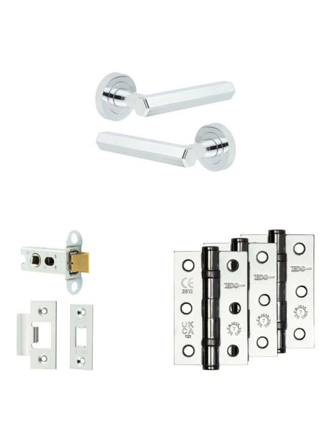 Complete Hex Door Handle Pack - Heavy Duty Latch - Polished Chrome - 64mm / 3-inch Hinges - JE-C20B-PC