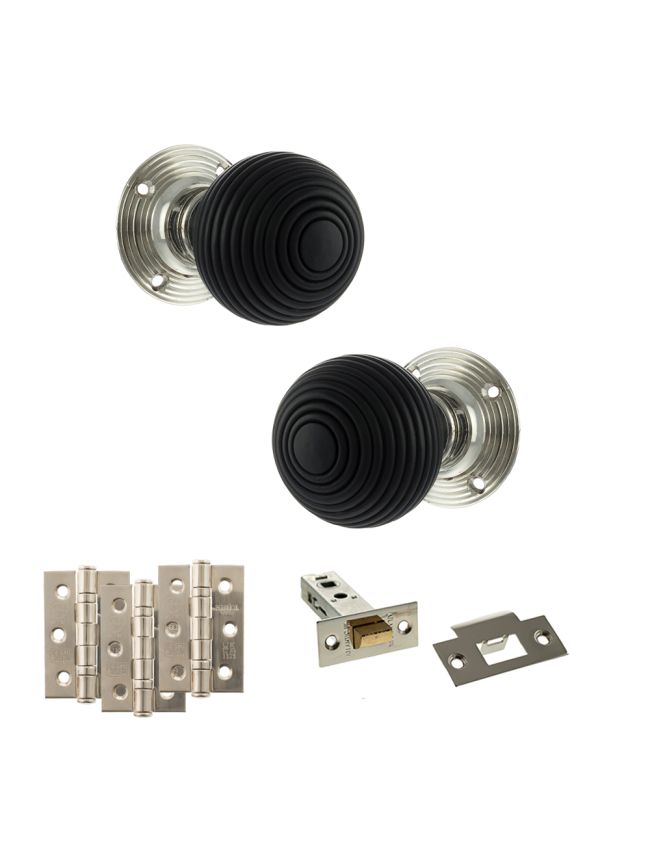 Old English Whitby Door Knob Pack (Latch Set - 3" HD Latch, 3" Fire Rated Hinges x3) - Polished Nickel
