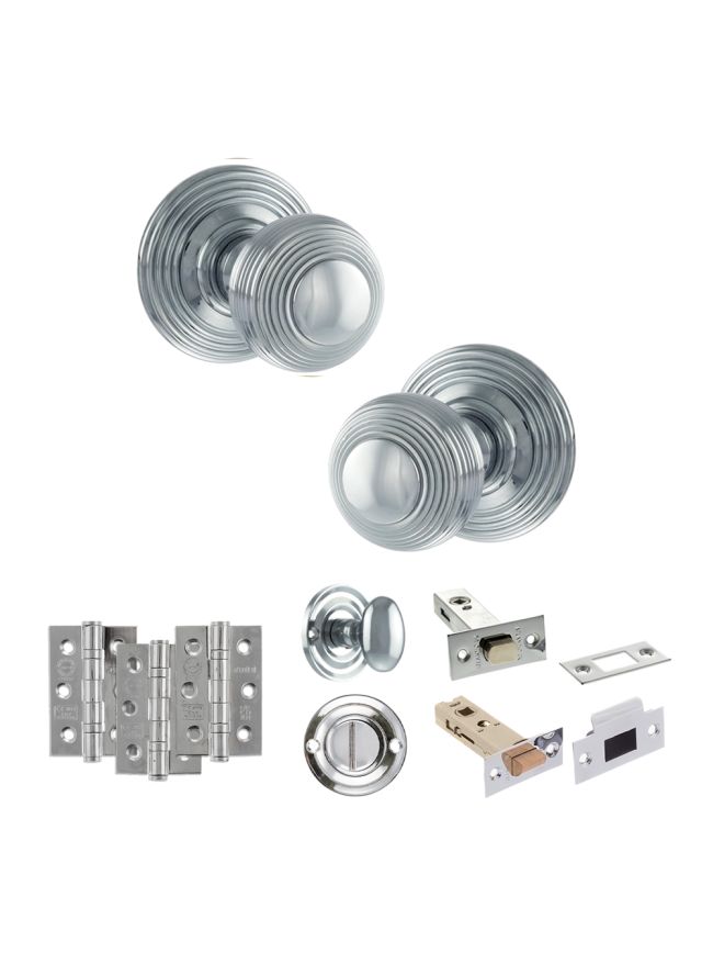 Old English Ripon Door Knob Pack (Bathroom Set - 4" Deadbolt, 3" Fire Rated Hinges x3) - Polished Chrome