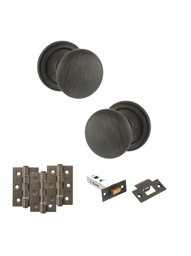 Old English Harrogate Door Knob Pack (Latch Set - 4" HD Latch, 3" Fire Rated Hinges x3) - Urban Bronze