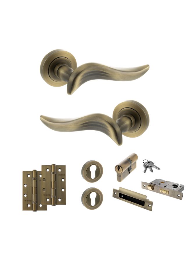 Old English Oxford Door Handle Pack (Euro Lock Set - 3" CE Sashlock, 4" Slim Knuckle Hinges x2) - Matt Antique Brass
