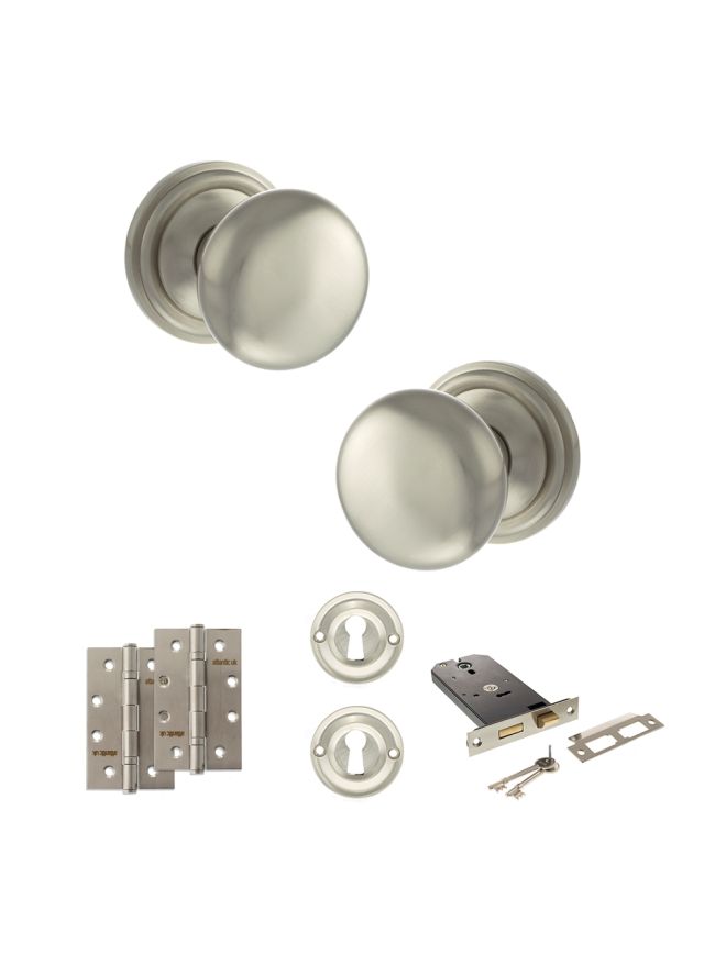 Old English Harrogate Door Knob Pack (Lock Set - Horizontal Sashlock, 4" Slim Knuckle Hinges x2) - Satin Nickel