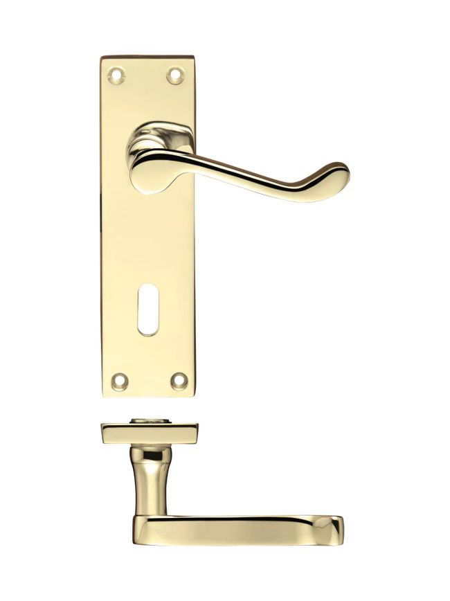 Zoo Hardware Project Victorian scroll lever on lock backplate - 150mm x 40mm - Electro Brass