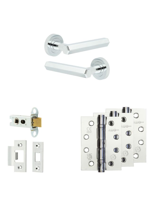 Complete Hex Door Handle Pack - Heavy Duty Latch - Polished Chrome - 64mm / 4-inch Hinges - JE-C20A-PC