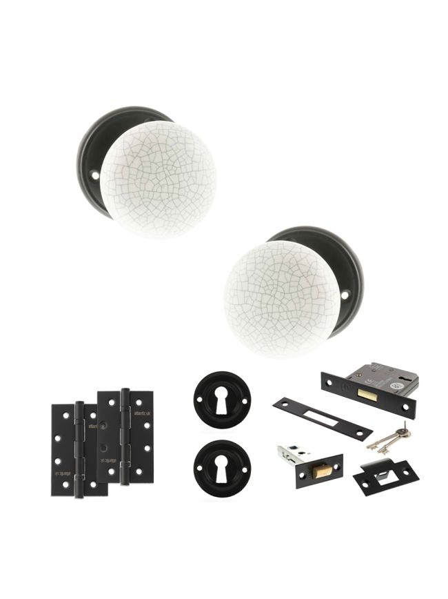 Old English Skipton Door Knob Pack (Lock Set - 3" Latch & Deadlock, 4" Slim Knuckle Hinges x2) - Matt Black