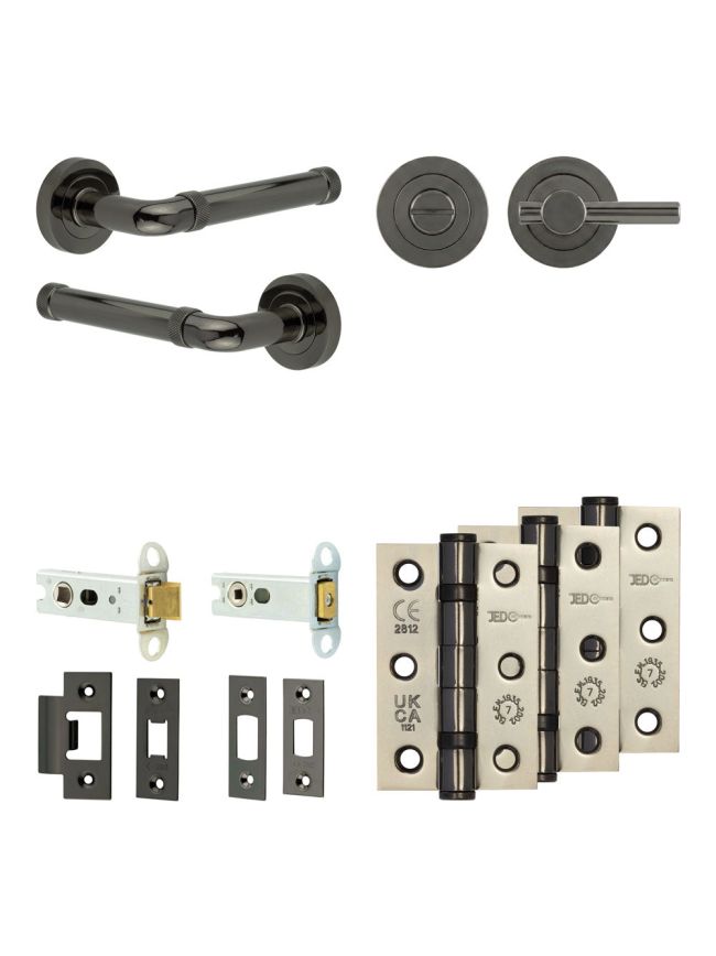 Complete Midtown Door Handle Pack - Heavy Duty Tubular Bathroom (Plain Thumb Turn) - Black Nickel - 76mm / 3-inch Hinges - JE-G31B2-BN