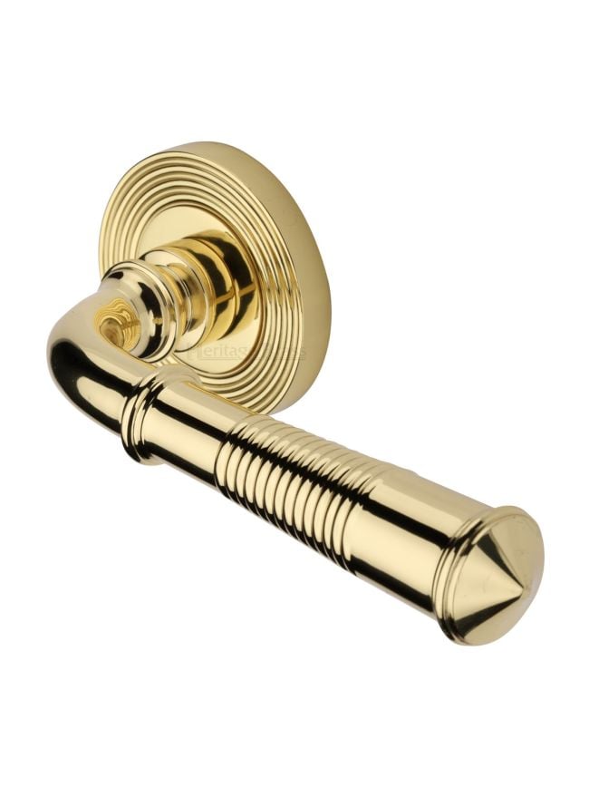 Heritage Brass Door Handle Lever Latch on Round Rose Bridgetown Reeded Design Polished Brass finish
UK Registered Design Number 6226297