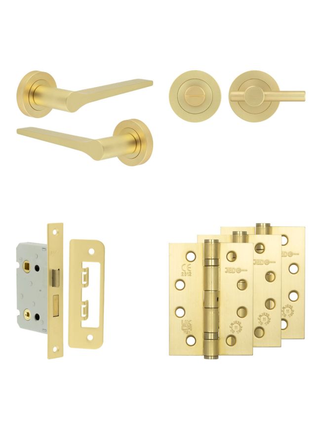 Complete Gio Door Handle Pack - Bathroom Lock (Plain Thumb Turn) - Satin Brass - 65mm / 4-inch Hinges - JE-E5A2-SB