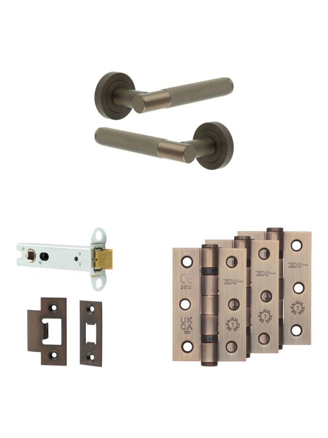 Complete Bari Door Handle Pack - Heavy Duty Latch - Dark Bronze - 102mm / 3-inch Hinges - JE-D22B-DB