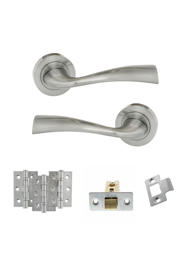 Eco Wave Door Handle Pack (Latch Set - 2.5" CE Latch, 3" Fire Rated Hinges x3) - Satin Chrome