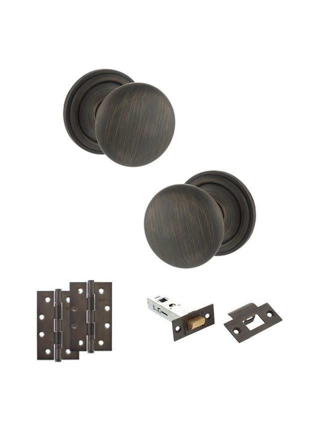 Old English Harrogate Door Knob Pack (Latch Set - 3" HD Latch, 4" Slim Knuckle Hinges x2) - Urban Bronze