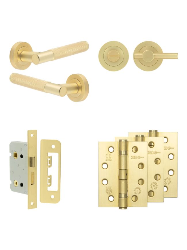 Complete Bari Door Handle Pack - Bathroom Lock (Plain Thumb Turn) - Satin Brass - 65mm / 4-inch Hinges - JE-D5A2-SB