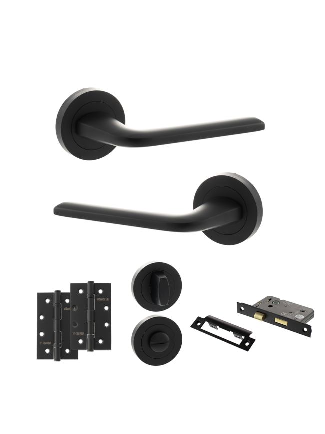 Eco Surf Door Handle Pack (Bathroom Set - 3" CE Bathroom Lock, 4" Slim Knuckle Hinges x2) - Matt Black