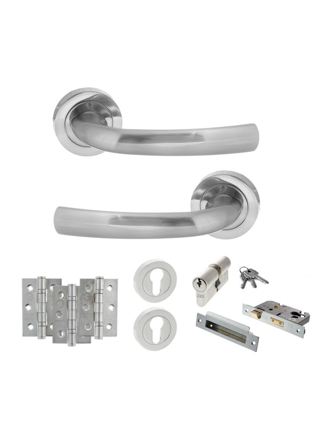 STATUS Nevada Door Handle Pack (Euro Lock Set - 3" CE Sashlock, 3" Fire Rated Hinges x3) - Satin Chrome