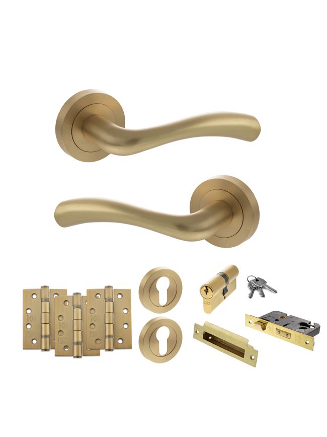 STATUS Texas Door Handle Pack (Euro Lock Set - 3" CE Sashlock, 4" Fire Rated Hinges x3) - Satin Brass