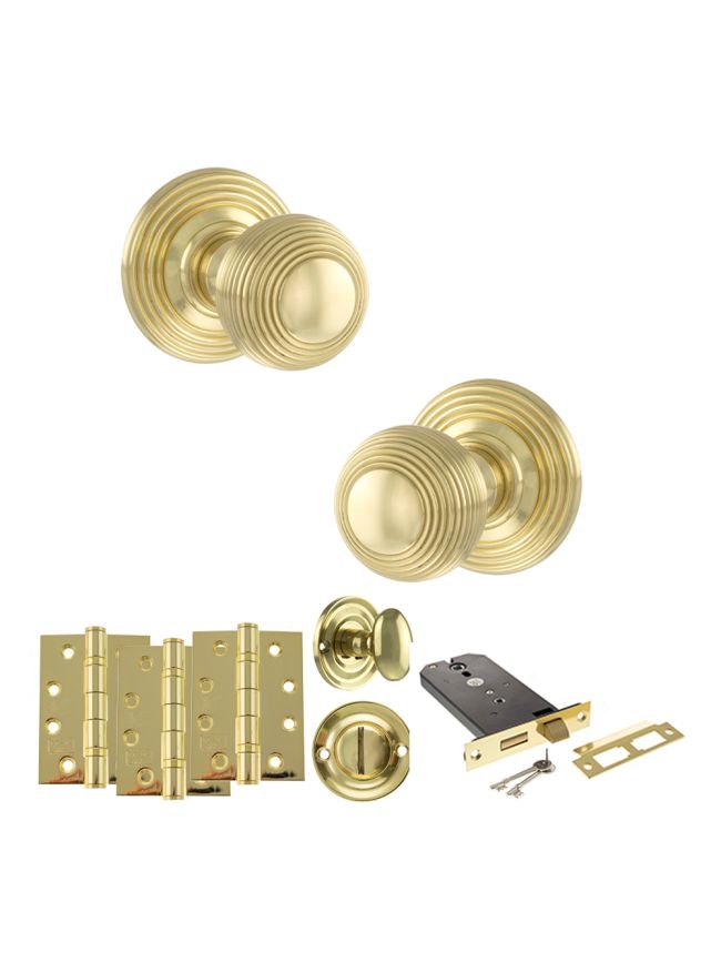 Old English Ripon Door Knob Pack (Lock Set - Horizontal Bathlock, 4" Fire Rated Hinges x3) - Polished Brass