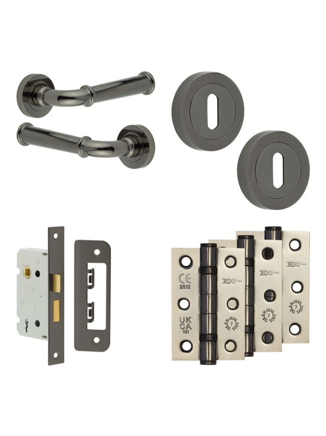 Complete Classic Door Handle Pack - Sashlock - Black Nickel - 65mm / 3-inch Hinges - JE-A7B8-BN