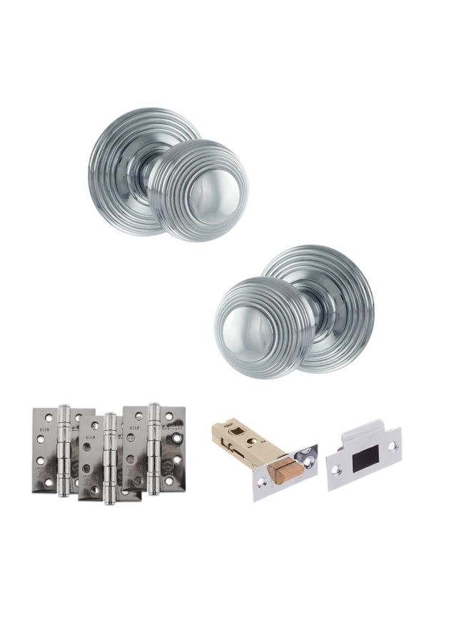 Old English Ripon Door Knob Pack (Latch Set - 3" HD Latch, 4" Fire Rated Hinges x3) - Polished Chrome
