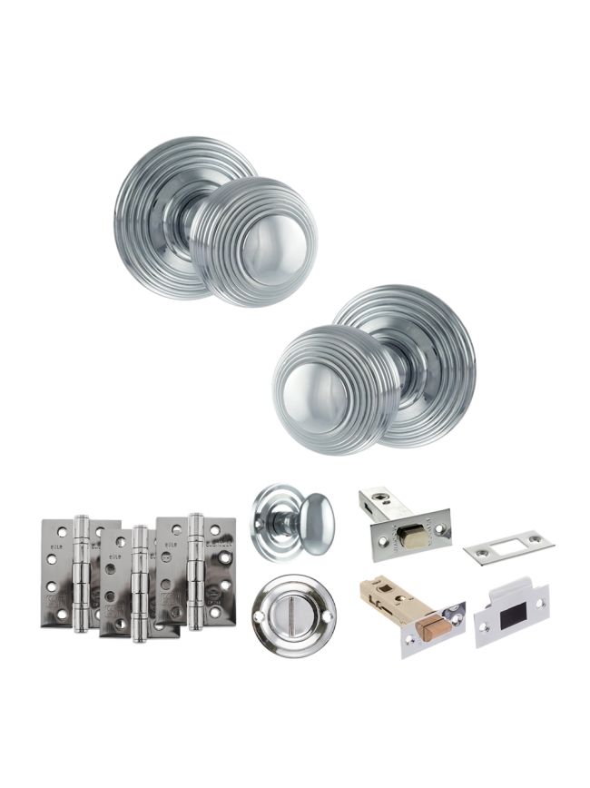 Old English Ripon Door Knob Pack (Bathroom Set - 4" Deadbolt, 4" Fire Rated Hinges x3) - Polished Chrome