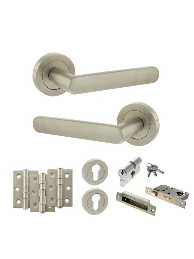 STATUS Carolina Door Handle Pack (Euro Lock Set - 3" CE Sashlock, 3" Fire Rated Hinges x3) - Satin Nickel