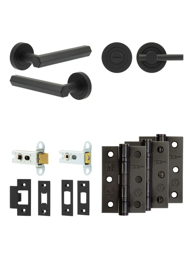 Complete Hex Door Handle Pack - Heavy Duty Tubular Bathroom (Plain Thumb Turn) - Matt Black - 64mm / 3-inch Hinges - JE-C30B2-MB