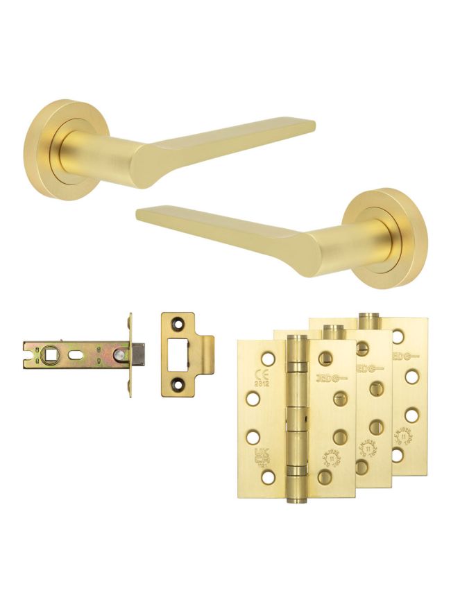 Complete Gio Door Handle Pack - Internal Doors - Satin Brass - 76mm / 4-inch Hinges - JE-E3A-SB