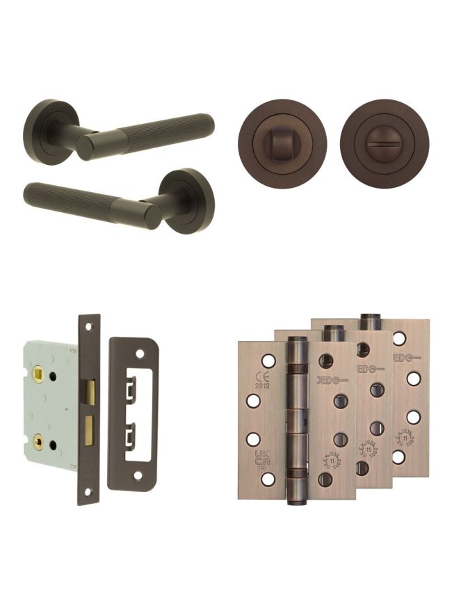 Complete Venice Door Handle Pack - Bathroom Lock (Standard Thumb Turn) - Dark Bronze - 76mm / 4-inch Hinges - JE-F6A3-DB