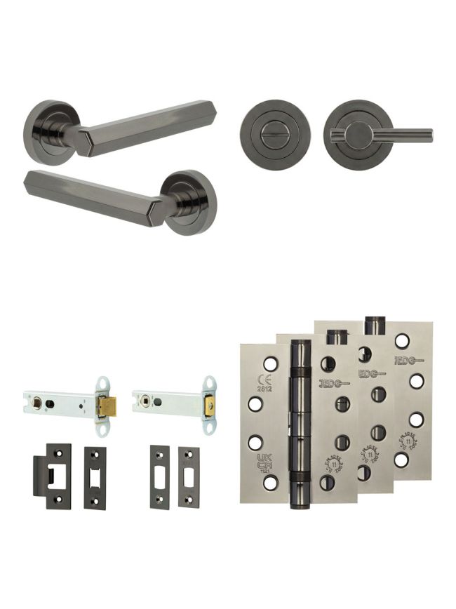 Complete Hex Door Handle Pack - Heavy Duty Tubular Bathroom (Plain Thumb Turn) - Black Nickel - 102mm / 4-inch Hinges - JE-C32A2-BN