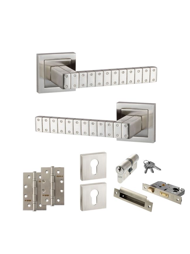 Senza Pari Bianca Door Handle Pack (Euro Lock Set - 3" CE Sashlock, 4" Slim Knuckle Hinges x2) - Satin Nickel