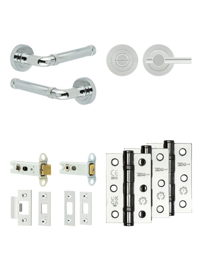 Complete Midtown Door Handle Pack - Heavy Duty Tubular Bathroom (Plain Thumb Turn) - Polished Chrome - 76mm / 3-inch Hinges - JE-G31B2-PC