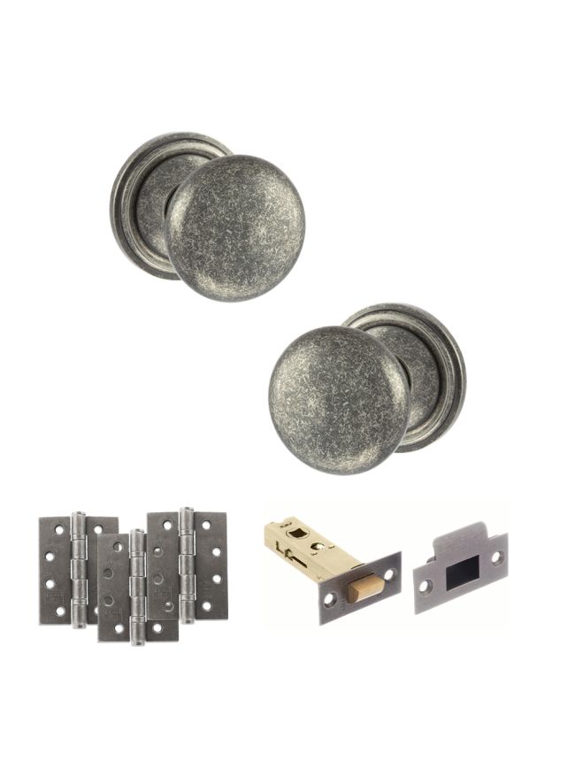 Old English Harrogate Door Knob Pack (Latch Set - 3" HD Latch, 4" Fire Rated Hinges x3) - Distressed Silver