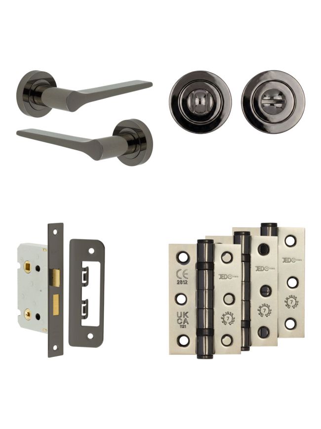 Complete Gio Door Handle Pack - Bathroom Lock (Standard Thumb Turn) - Black Nickel - 65mm / 3-inch Hinges - JE-E5B3-BN