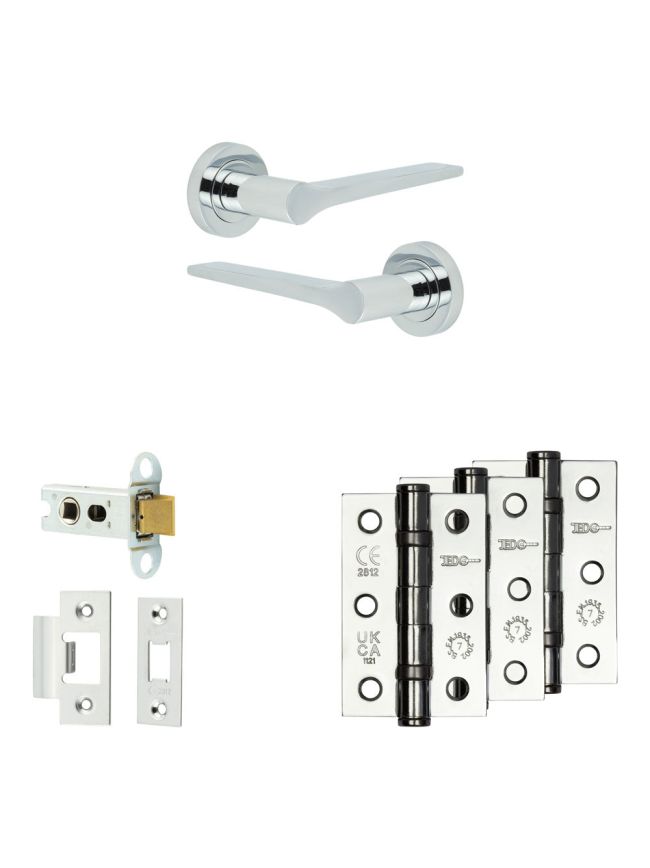 Complete Gio Door Handle Pack - Heavy Duty Latch - Polished Chrome - 64mm / 3-inch Hinges - JE-E20B-PC