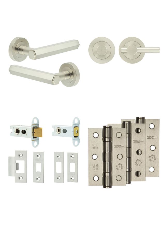 Complete Hex Door Handle Pack - Heavy Duty Tubular Bathroom (Plain Thumb Turn) - Satin Nickel - 64mm / 3-inch Hinges - JE-C30B2-SN
