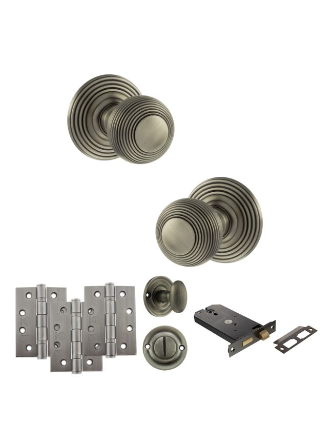 Old English Ripon Door Knob Pack (Lock Set - Horizontal Bathlock, 4" Fire Rated Hinges x3) - Matt Gun Metal