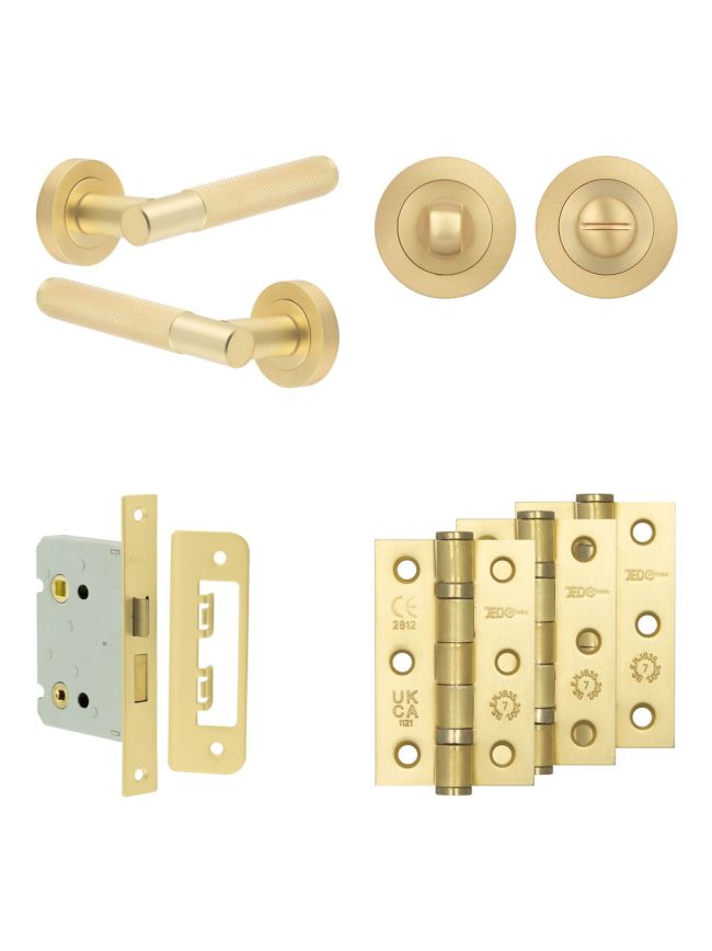 Complete Bari Door Handle Pack - Bathroom Lock (Standard Thumb Turn) - Satin Brass - 76mm / 3-inch Hinges - JE-D6B3-SB