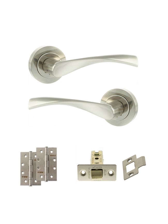 Eco Aqua Door Handle Pack (Latch Set - 3" CE Latch, 4" Slim Knuckle Hinges x2) - Satin Nickel/Nickel Plate