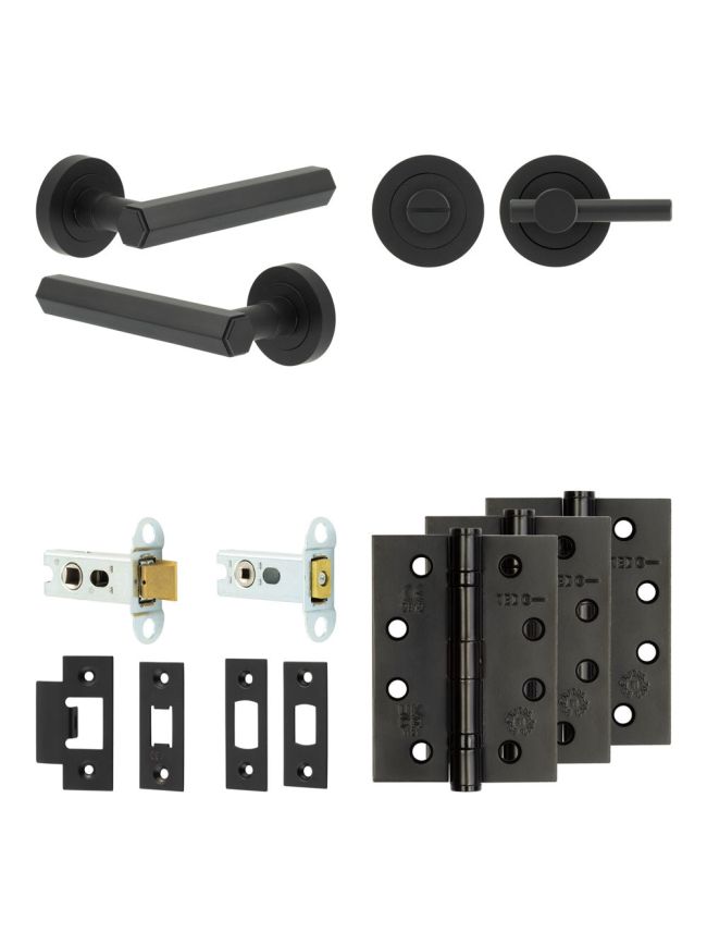 Complete Hex Door Handle Pack - Heavy Duty Tubular Bathroom (Plain Thumb Turn) - Matt Black - 64mm / 4-inch Hinges - JE-C30A2-MB