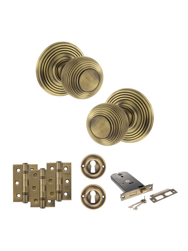 Old English Ripon Door Knob Pack (Lock Set - Horizontal Sashlock, 3" Fire Rated Hinges x3) - Matt Antique Brass