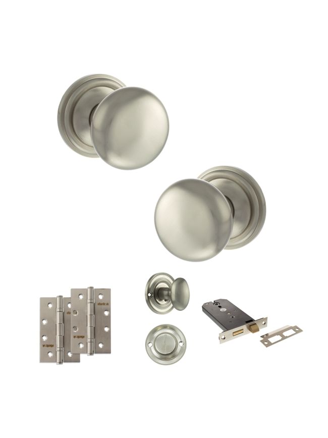 Old English Harrogate Door Knob Pack (Lock Set - Horizontal Bathlock, 4" Slim Knuckle Hinges x2) - Satin Nickel