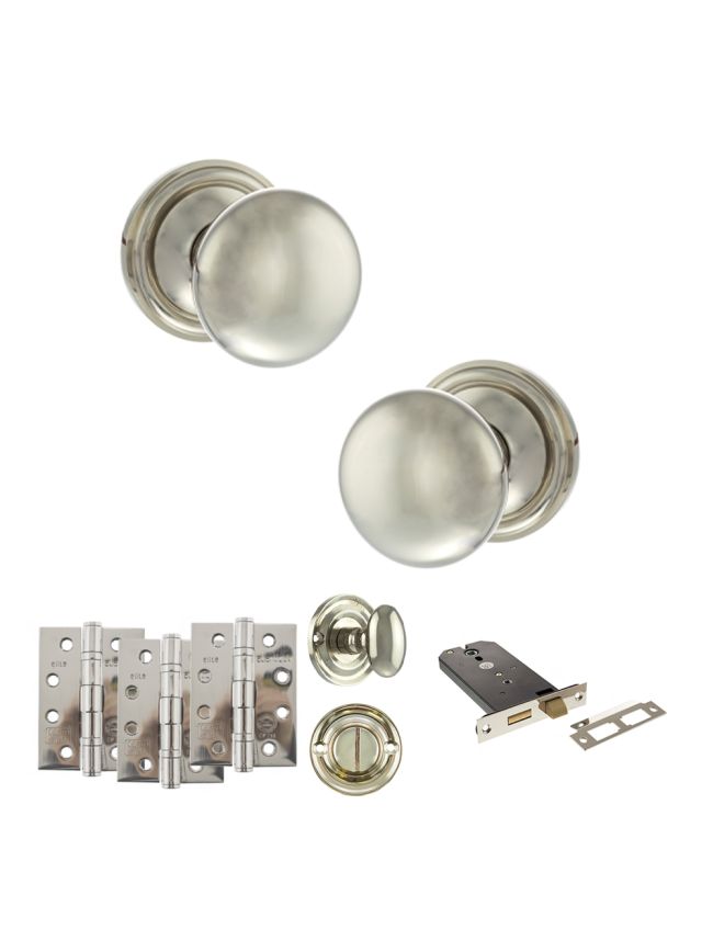 Old English Harrogate Door Knob Pack (Lock Set - Horizontal Bathlock, 4" Fire Rated Hinges x3) - Polished Nickel