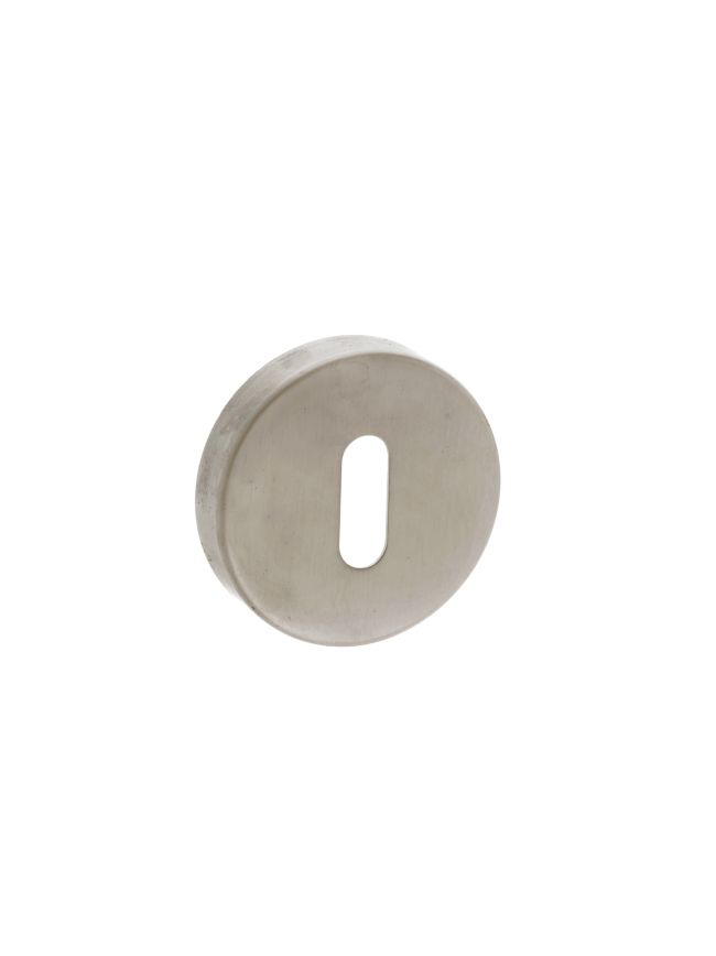 Forme Key Escutcheons on Minimal Round Rose - Satin Nickel (Pair)