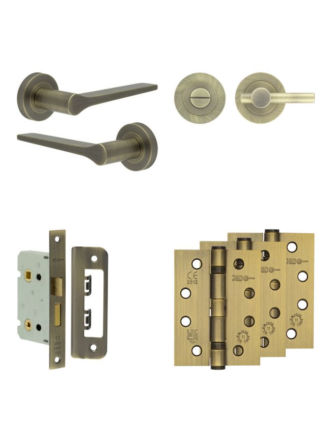 Complete Gio Door Handle Pack - Bathroom Lock (Plain Thumb Turn) - Antique Brass - 65mm / 4-inch Hinges - JE-E5A2-AB